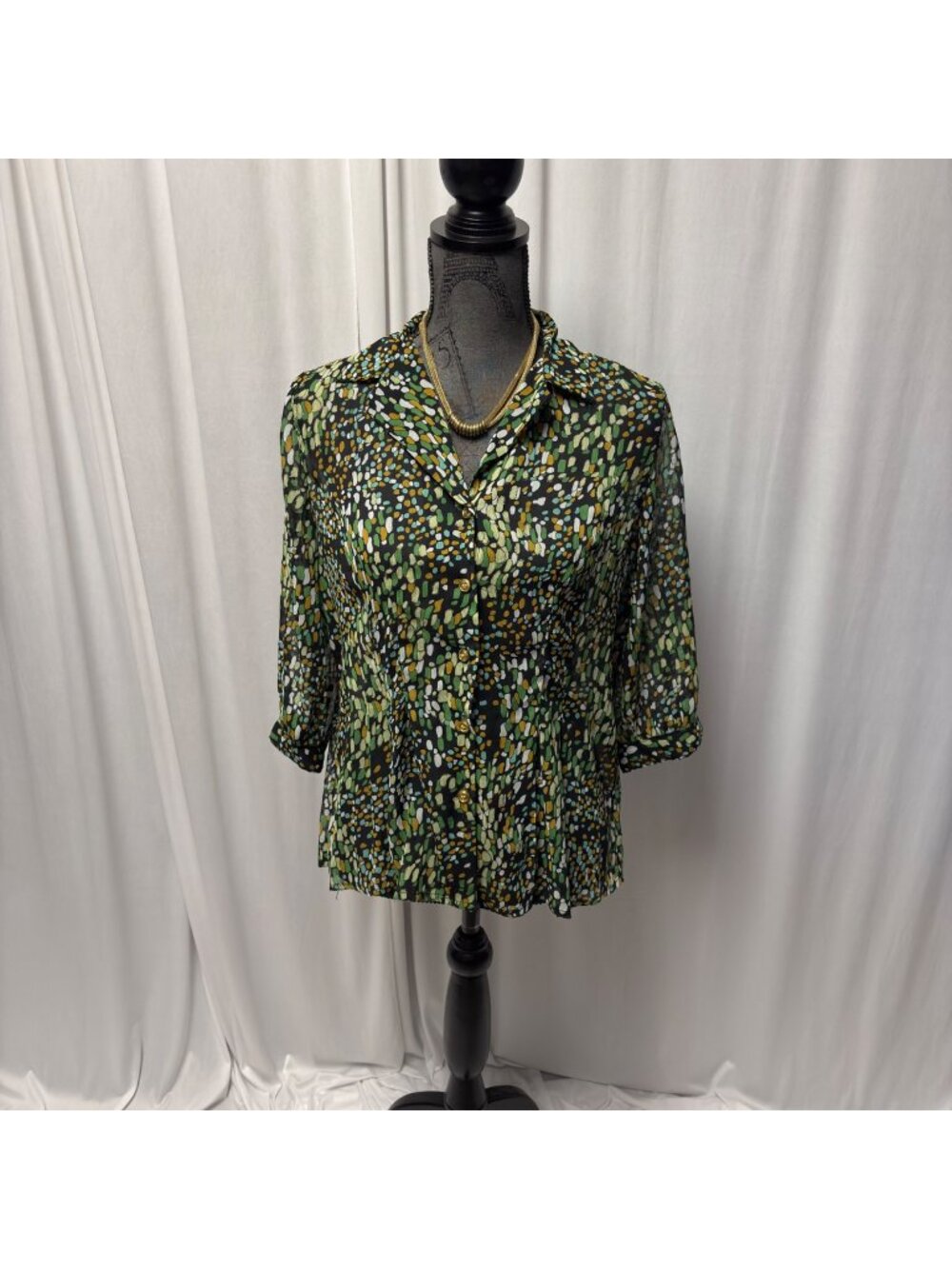 Joanna Womens Button-Down Blouse Size Medium Green Black Gold Lightweight Sheer